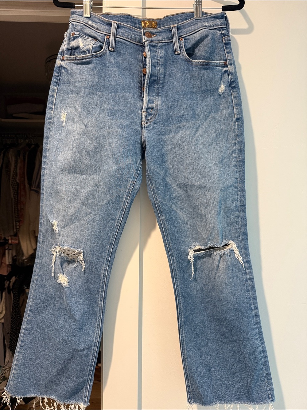 MOTHER Light Blue Distressed Straight Jeans